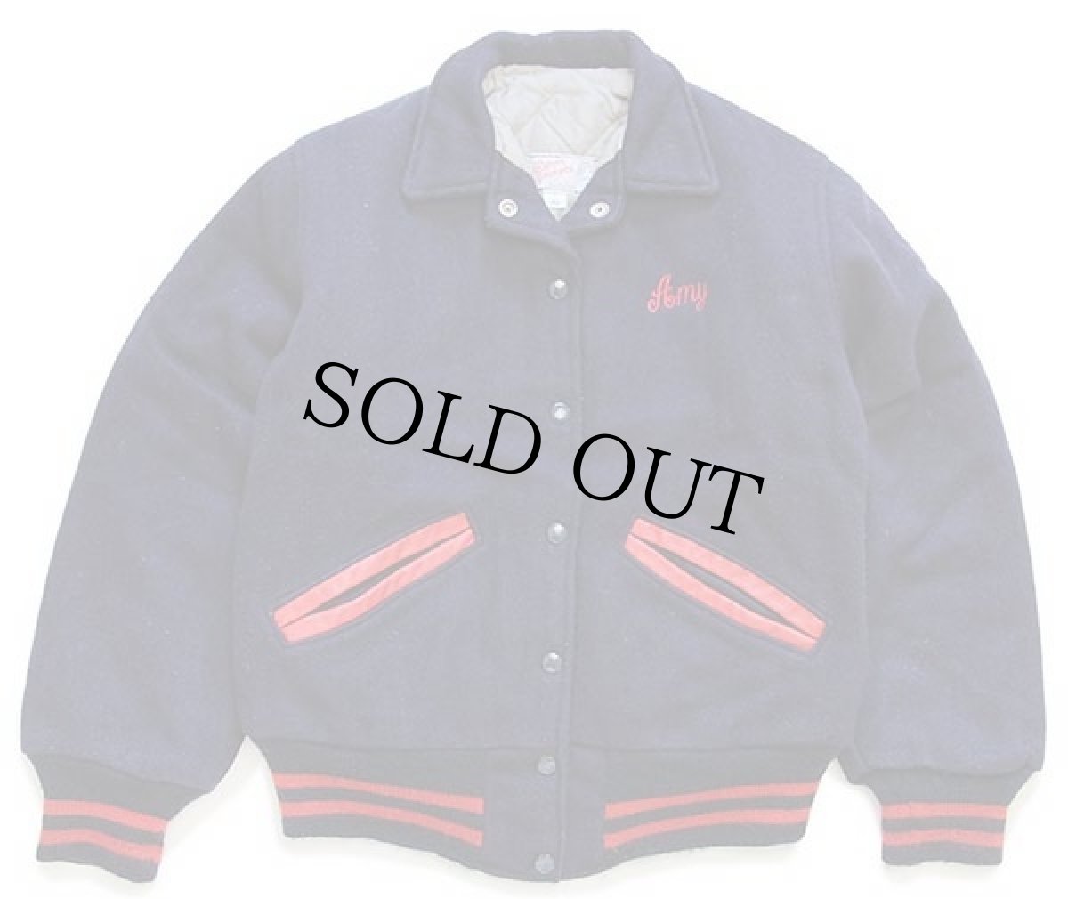 画像2: 80s USA製 Ripon Jackets Patriotsチェーン刺繍 キルティングライナー メルトン ウール スタジャン 濃紺 40 (2)