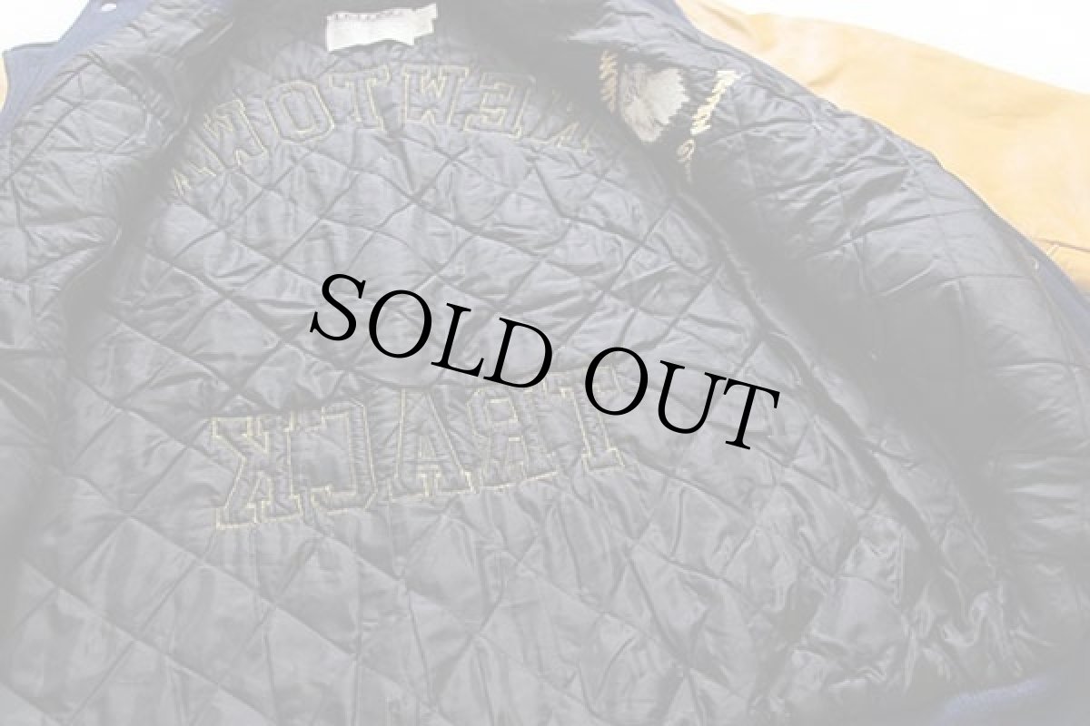 画像5: 90s USA製 DeLONGデロング 刺繍&パッチ付き キルティングライナー メルトン ウール 袖革スタジャン 紺×マスタード XL-L (5)