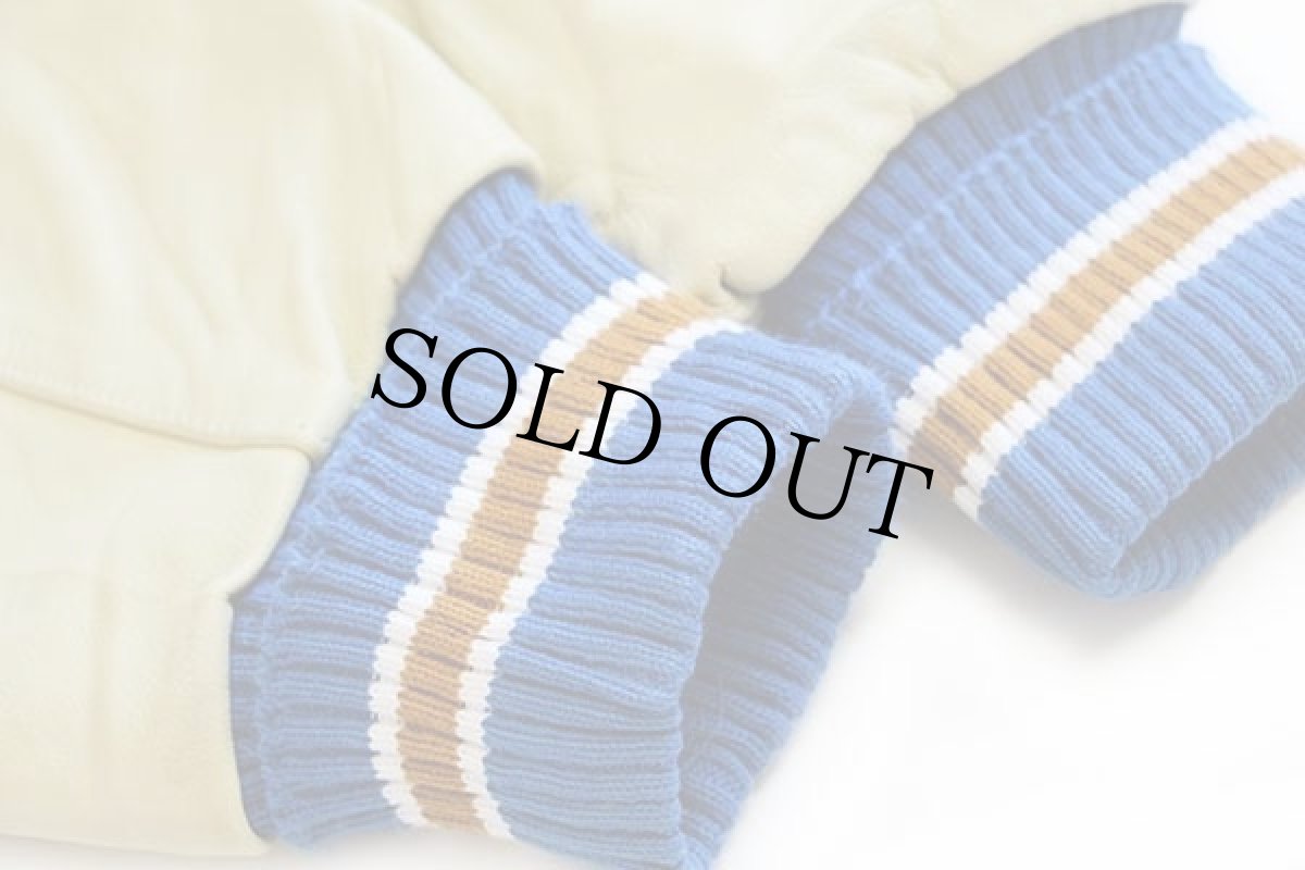 画像7: USA製 SANTA MARGARITA パッチ&刺繍&ピンズ付き メルトン ウール 袖革スタジャン 青×クリーム L (7)