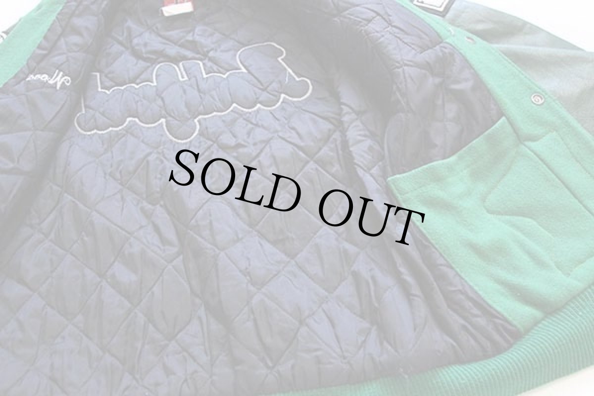 画像6: 00s USA製 JKS apparel パッチ&刺繍&メダル付き キルティングライナー メルトン ウール 袖革スタジャン 緑×緑 S (6)