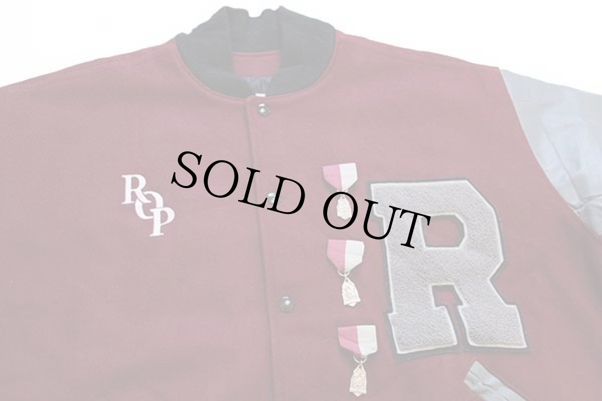 画像3: 90s USA製 TM ATHLETICS 刺繍&パッチ付き キルティングライナー メルトン ウール 袖革スタジャン バーガンディ×グレー (3)