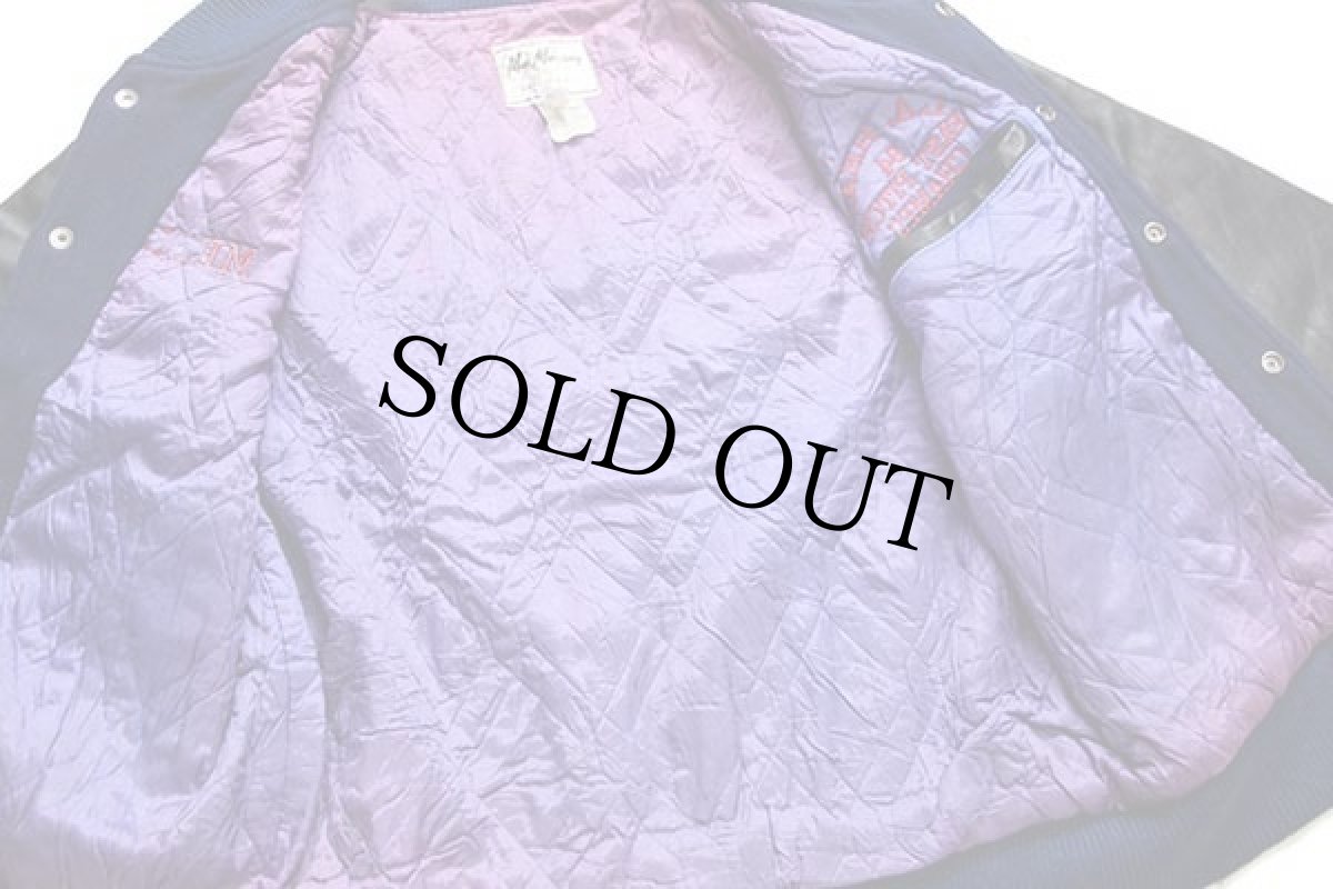 画像5: 90s USA製 Mac Murray 刺繍入り キルティングライナー メルトン ウール 袖革スタジャン 紺×黒 L (5)