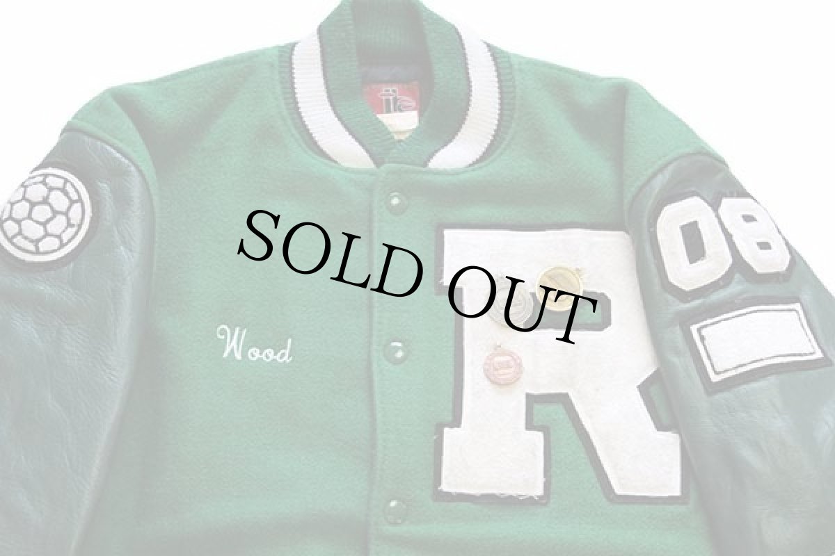 画像3: 00s USA製 JKS apparel パッチ&刺繍&メダル付き キルティングライナー メルトン ウール 袖革スタジャン 緑×緑 S (3)