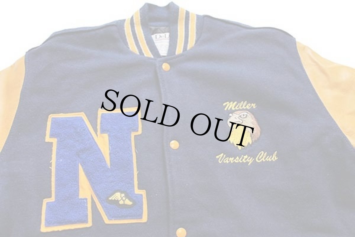 画像3: 90s USA製 DeLONGデロング 刺繍&パッチ付き キルティングライナー メルトン ウール 袖革スタジャン 紺×マスタード XL-L (3)