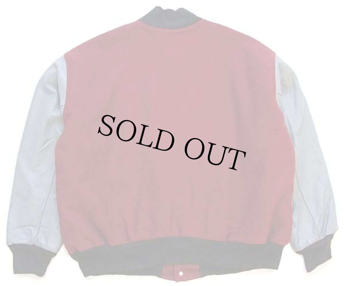 画像2: 90s USA製 TM ATHLETICS 刺繍&パッチ付き キルティングライナー メルトン ウール 袖革スタジャン バーガンディ×グレー (2)