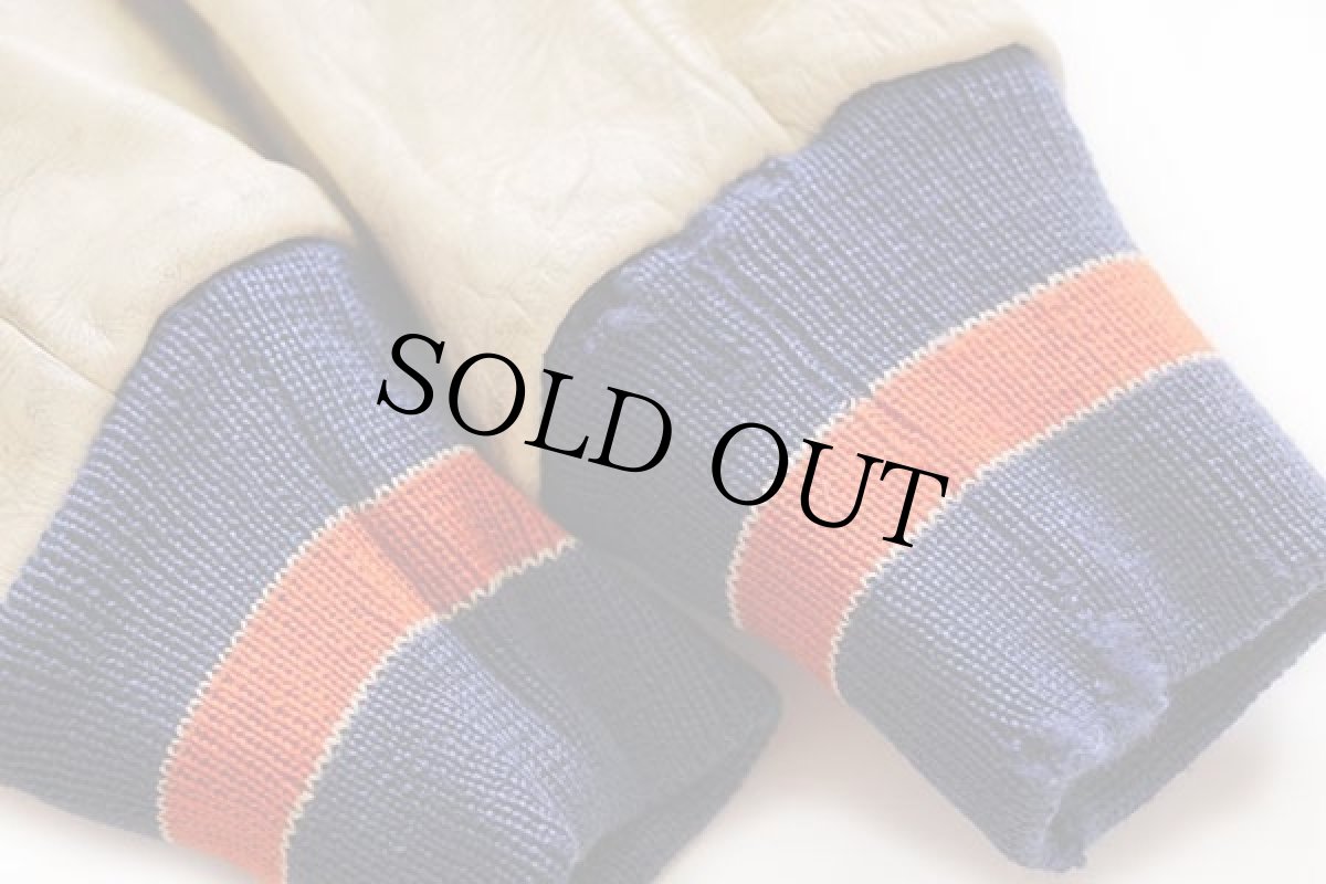 画像8: 70s LASLEY KNITTING メルトン ウール 袖革スタジャン 青×アイボリー 44 (8)