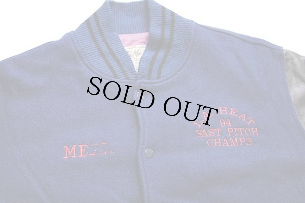 画像3: 90s USA製 Mac Murray 刺繍入り キルティングライナー メルトン ウール 袖革スタジャン 紺×黒 L (3)