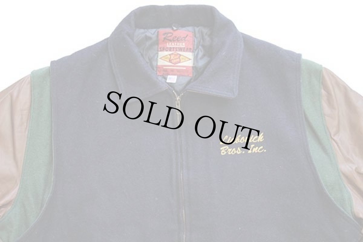 画像3: USA製 Reed Liebovich bros刺繍 マルチカラー 切り替え メルトン ウール 袖革スタジャン 濃紺×緑×焦げ茶 (3)