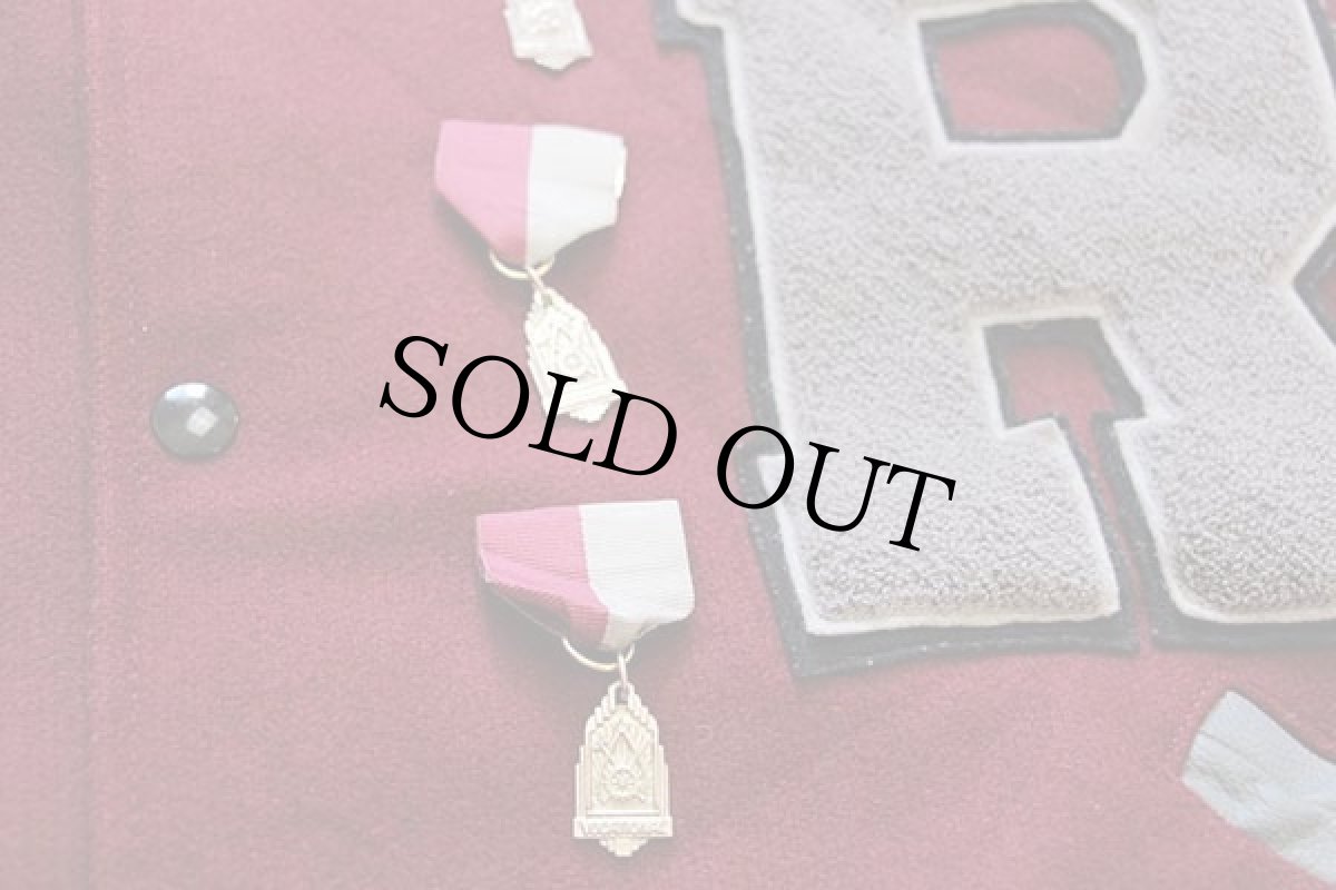 画像6: 90s USA製 TM ATHLETICS 刺繍&パッチ付き キルティングライナー メルトン ウール 袖革スタジャン バーガンディ×グレー (6)