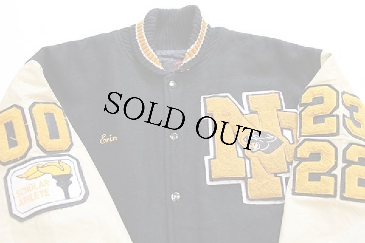 画像3: 00s USA製 パッチ付き キルティングライナー メルトン ウール 袖革スタジャン 黒×ベージュ L (3)