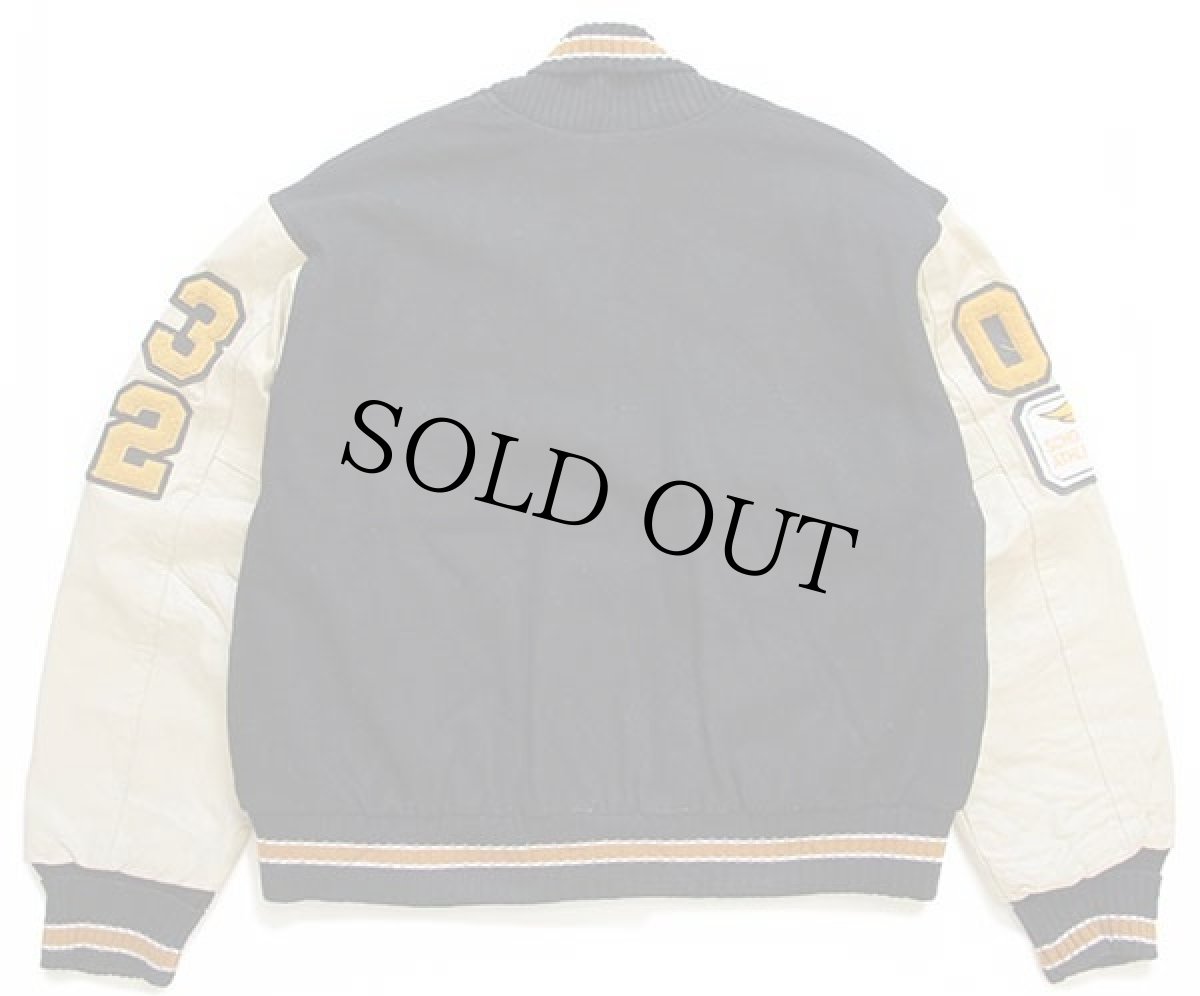 画像2: 00s USA製 パッチ付き キルティングライナー メルトン ウール 袖革スタジャン 黒×ベージュ L (2)