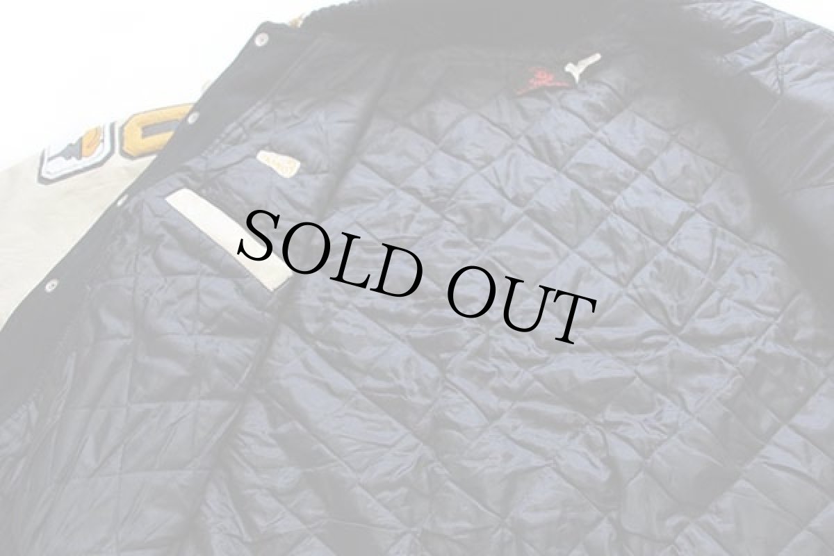 画像5: 00s USA製 パッチ付き キルティングライナー メルトン ウール 袖革スタジャン 黒×ベージュ L (5)