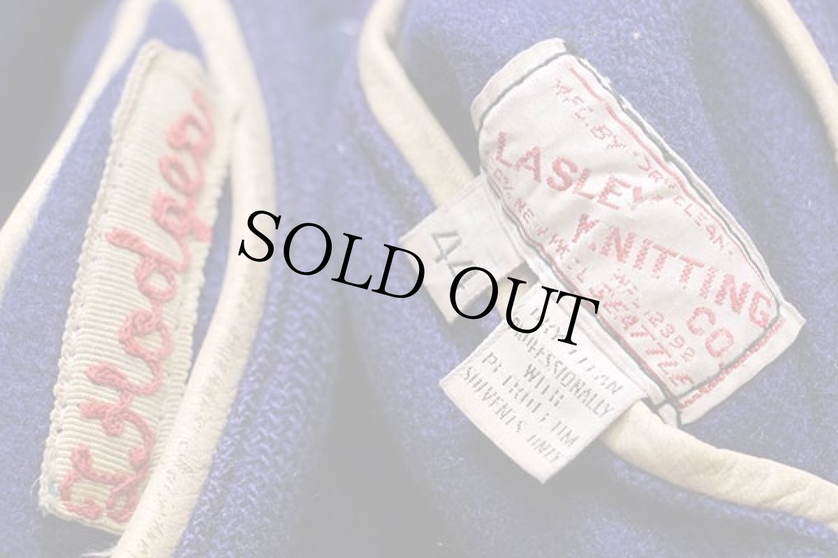 画像4: 70s LASLEY KNITTING メルトン ウール 袖革スタジャン 青×アイボリー 44 (4)