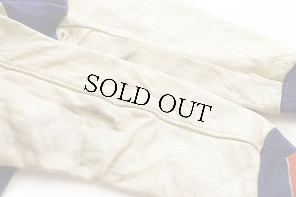 画像7: 70s LASLEY KNITTING メルトン ウール 袖革スタジャン 青×アイボリー 44 (7)