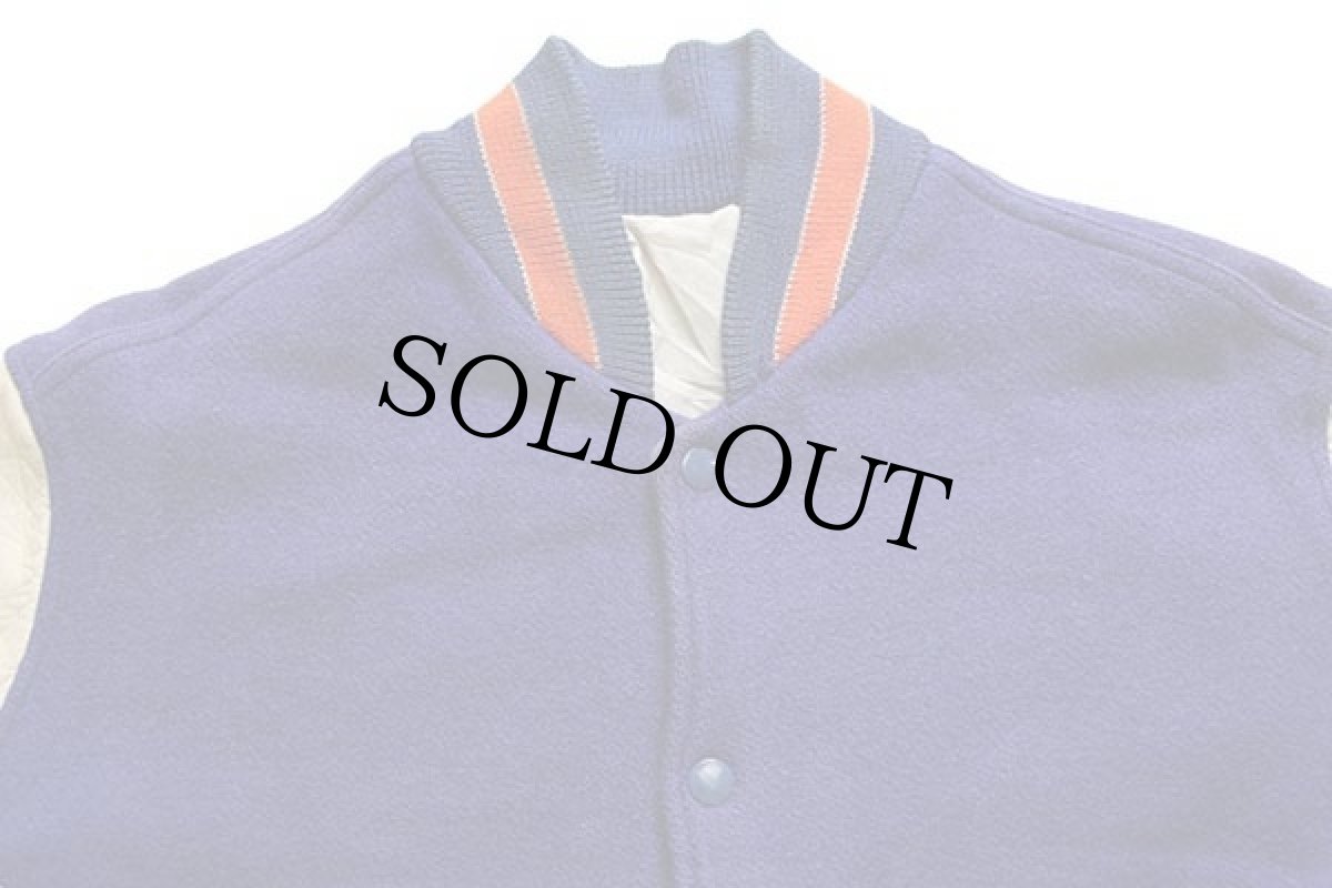 画像3: 70s LASLEY KNITTING メルトン ウール 袖革スタジャン 青×アイボリー 44 (3)