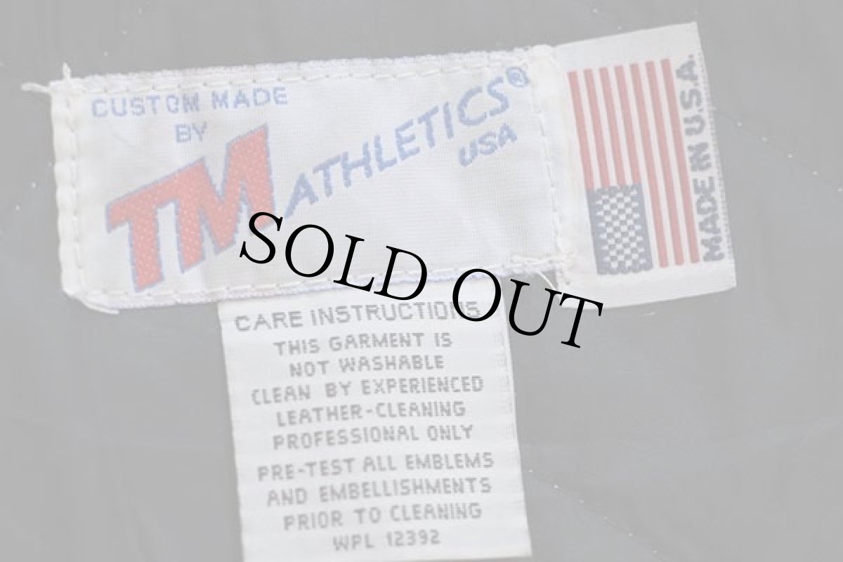 画像4: 90s USA製 TM ATHLETICS 刺繍&パッチ付き キルティングライナー メルトン ウール 袖革スタジャン バーガンディ×グレー (4)