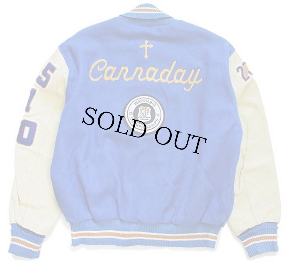 画像2: USA製 SANTA MARGARITA パッチ&刺繍&ピンズ付き メルトン ウール 袖革スタジャン 青×クリーム L (2)