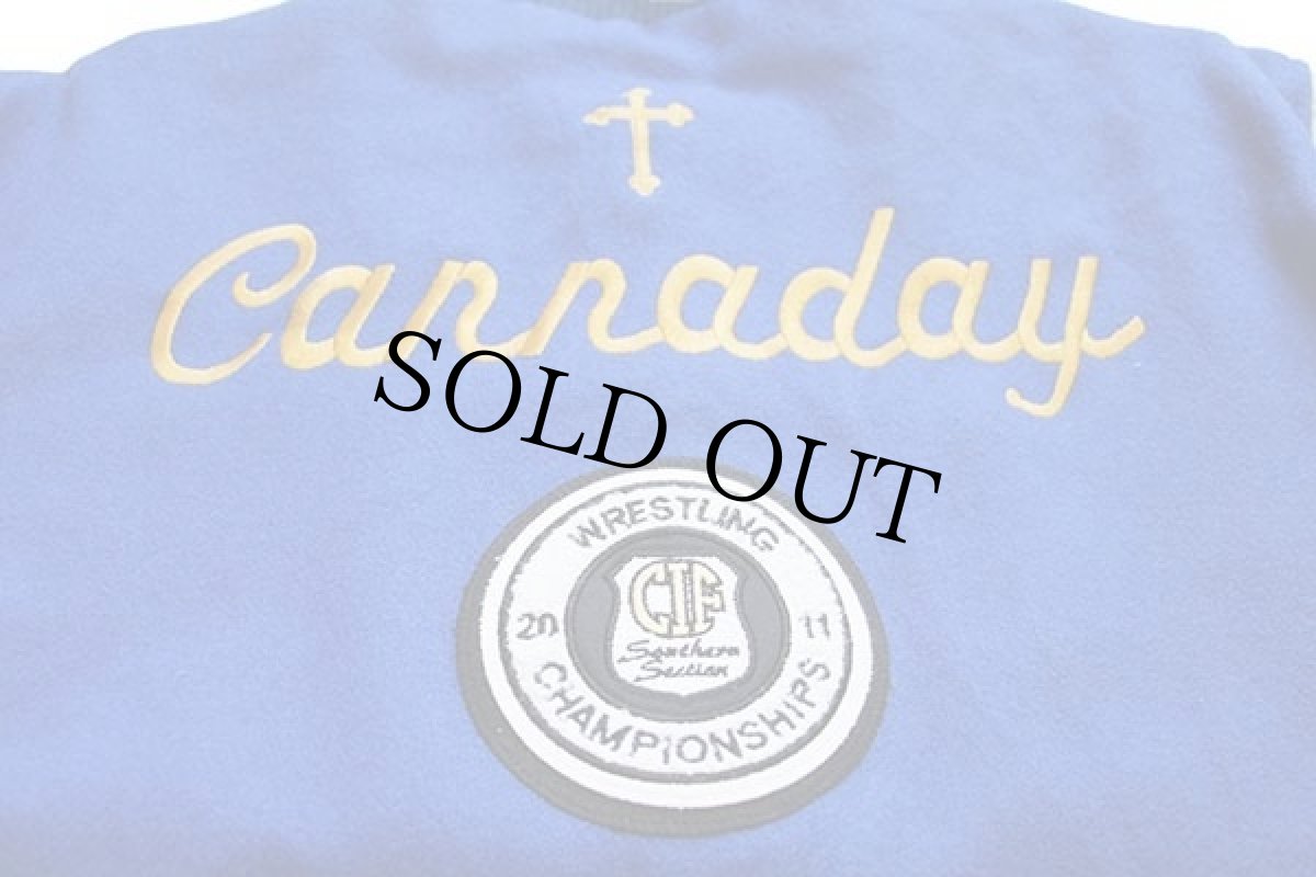 画像4: USA製 SANTA MARGARITA パッチ&刺繍&ピンズ付き メルトン ウール 袖革スタジャン 青×クリーム L (4)