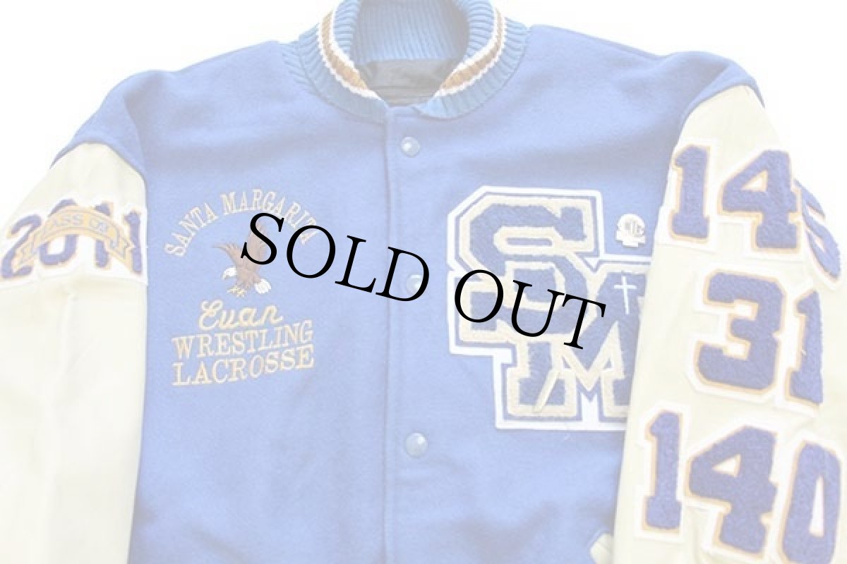 画像3: USA製 SANTA MARGARITA パッチ&刺繍&ピンズ付き メルトン ウール 袖革スタジャン 青×クリーム L (3)