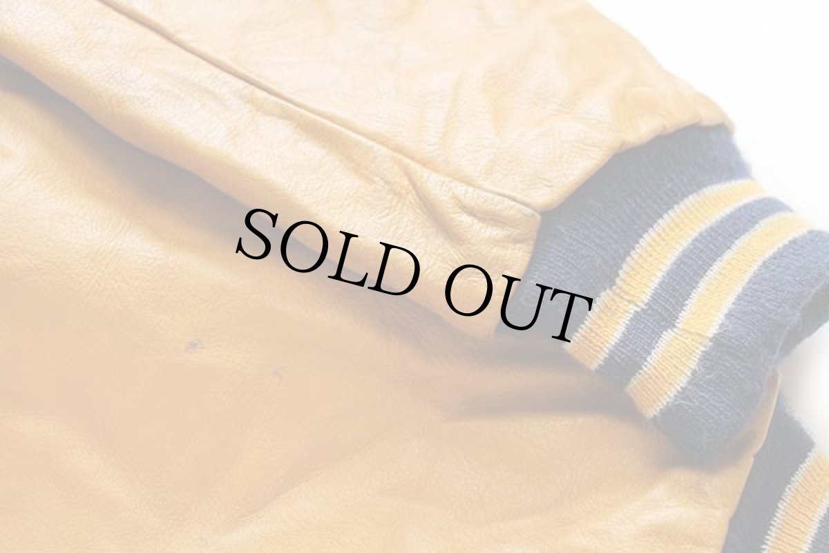 画像7: 90s USA製 DeLONGデロング 刺繍&パッチ付き キルティングライナー メルトン ウール 袖革スタジャン 紺×マスタード XL-L (7)