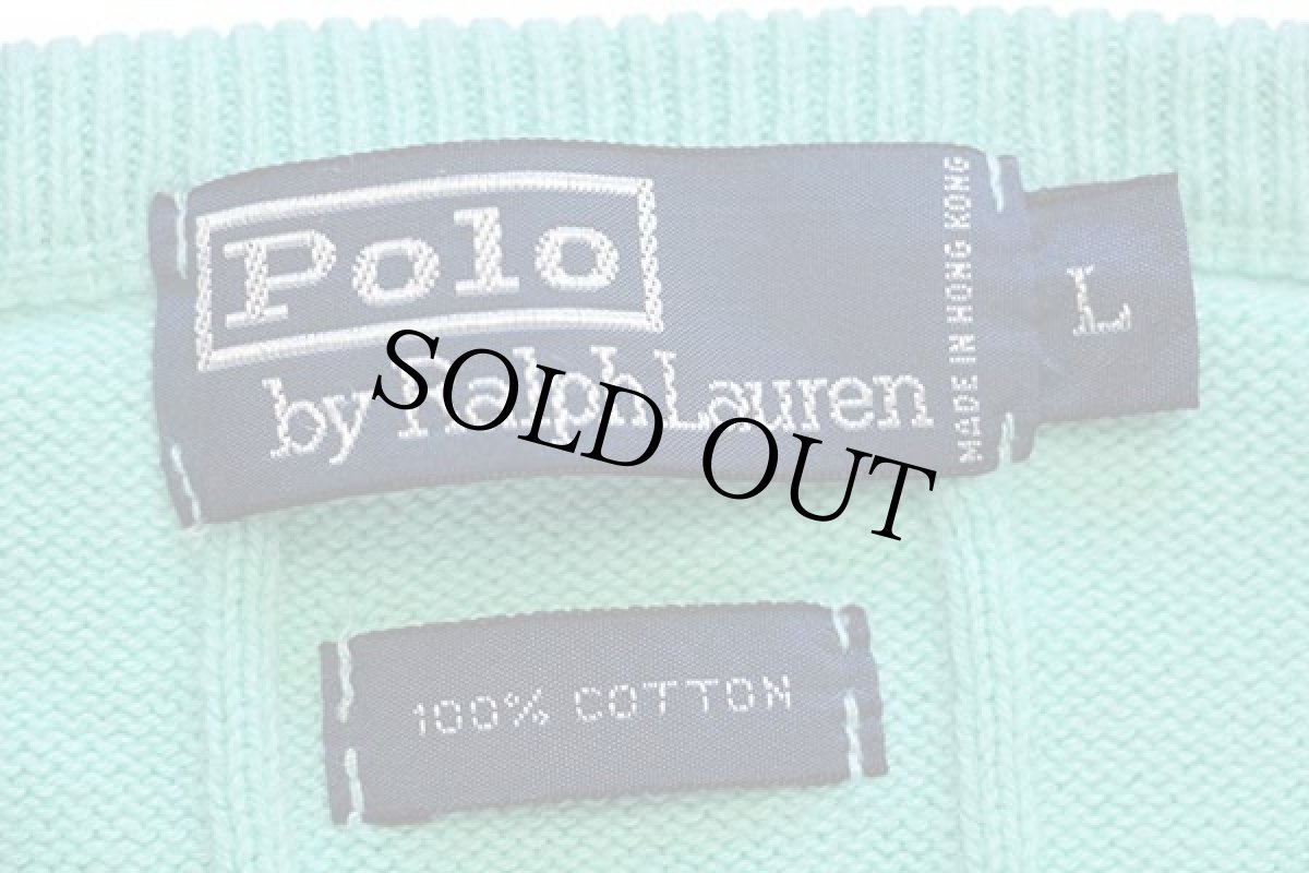 画像4: 90s ポロ ラルフローレン ワンポイント Vネック 針抜き コットンニット セーター ミント L (4)