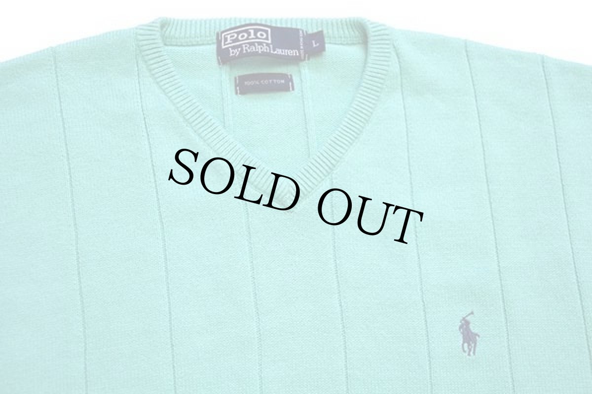 画像3: 90s ポロ ラルフローレン ワンポイント Vネック 針抜き コットンニット セーター ミント L (3)