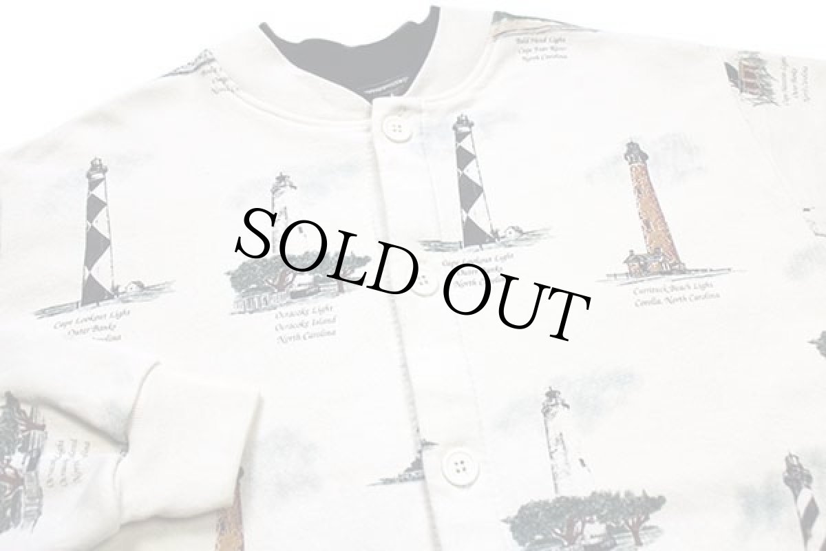 画像3: 90s USA製 ART UNLIMITED 灯台 総柄 アート レイヤードネック スウェット カーディガン アイボリー L (3)