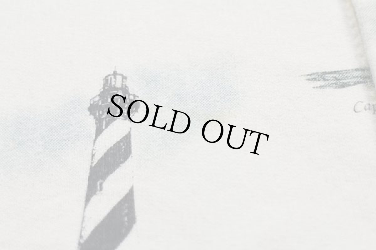 画像10: 90s USA製 ART UNLIMITED 灯台 総柄 アート レイヤードネック スウェット カーディガン アイボリー L (10)