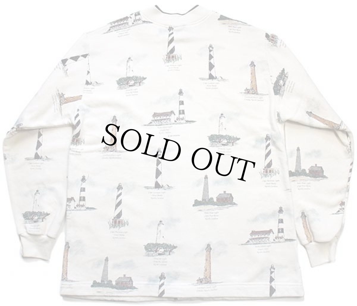 画像2: 90s USA製 ART UNLIMITED 灯台 総柄 アート レイヤードネック スウェット カーディガン アイボリー L (2)