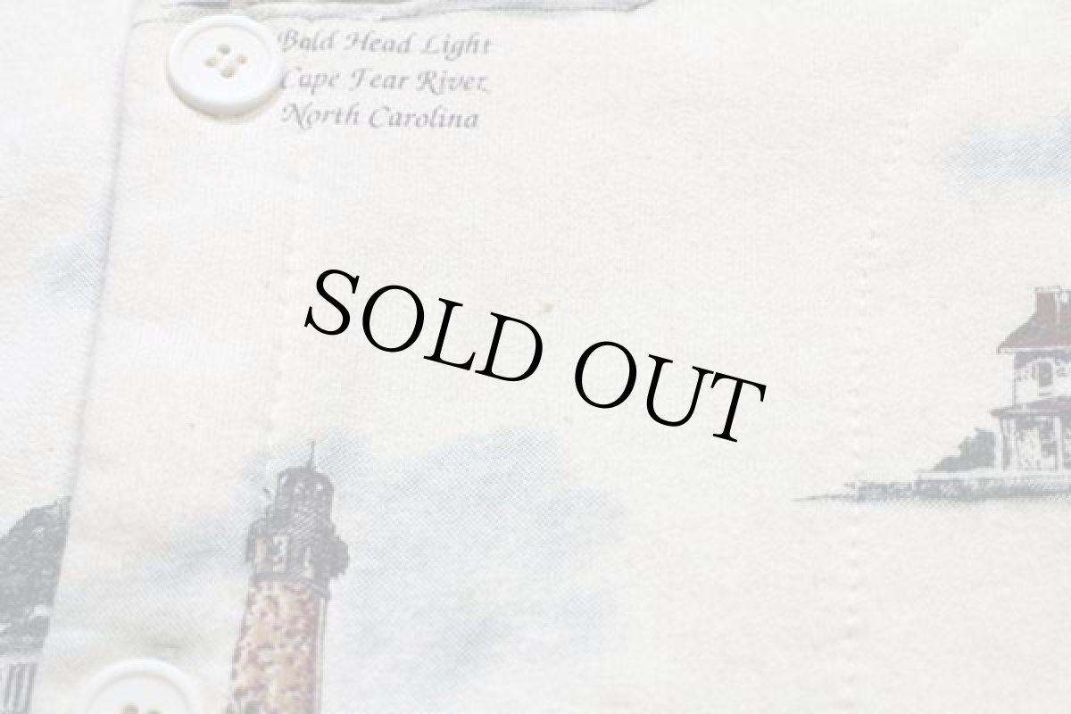 画像8: 90s USA製 ART UNLIMITED 灯台 総柄 アート レイヤードネック スウェット カーディガン アイボリー L (8)