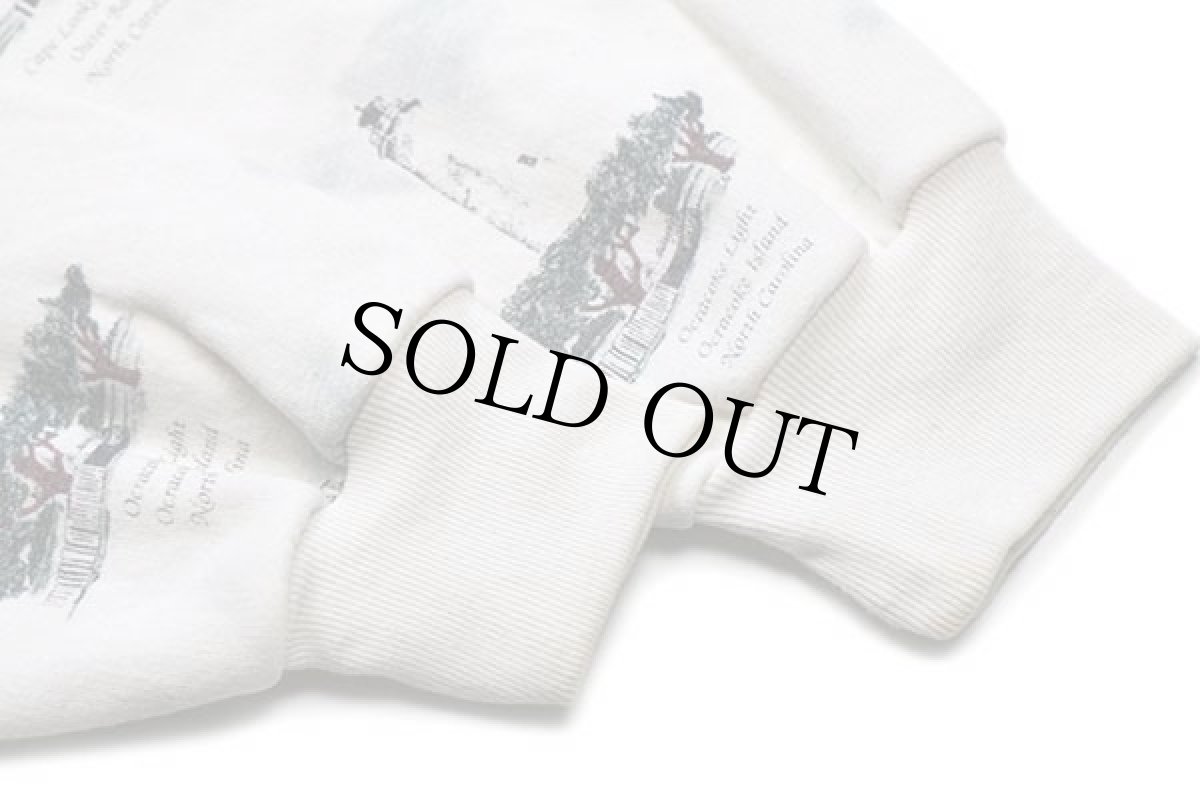 画像7: 90s USA製 ART UNLIMITED 灯台 総柄 アート レイヤードネック スウェット カーディガン アイボリー L (7)