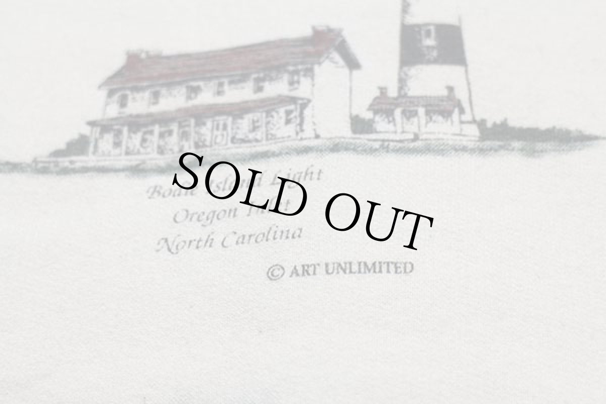 画像6: 90s USA製 ART UNLIMITED 灯台 総柄 アート レイヤードネック スウェット カーディガン アイボリー L (6)