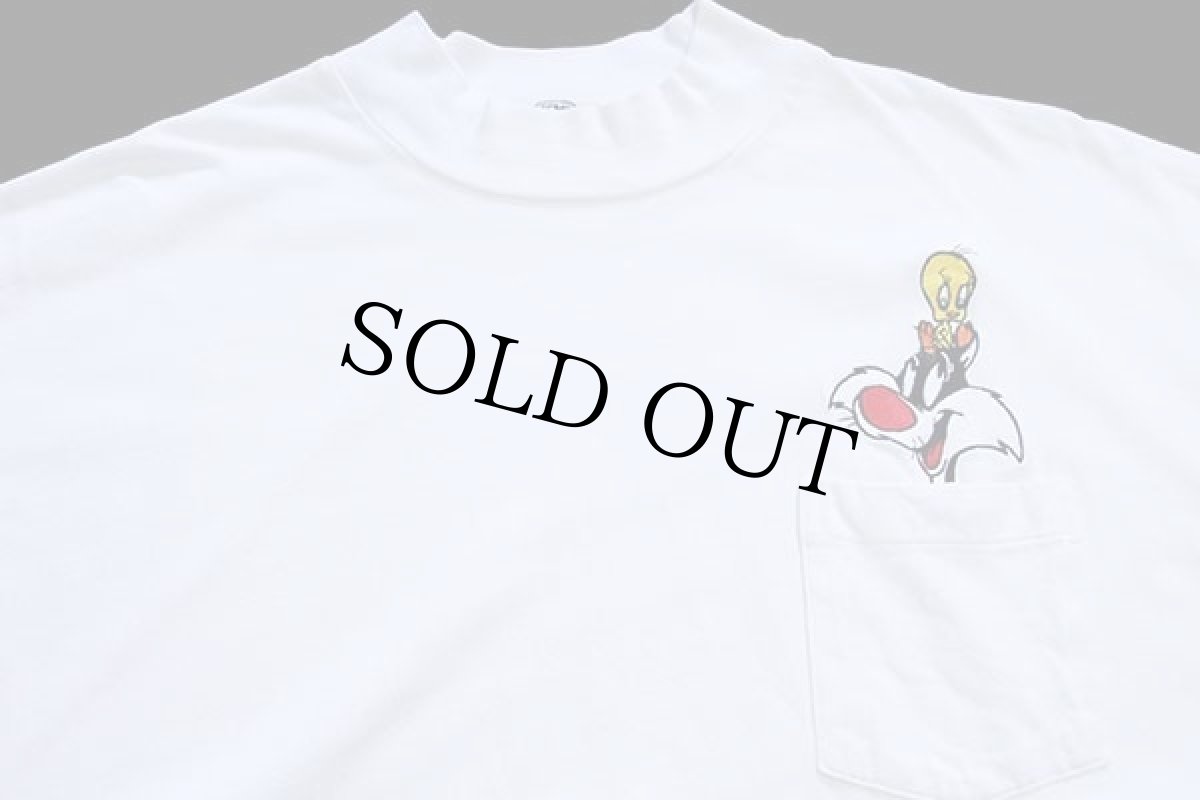 画像3: 90s Warner Bros LOONEY TUNES シルベスター&トゥイーティー刺繍 モックネック コットン ポケット付き 長袖Tシャツ 白 XL (3)