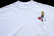 画像3: 90s Warner Bros LOONEY TUNES シルベスター&トゥイーティー刺繍 モックネック コットン ポケット付き 長袖Tシャツ 白 XL (3)