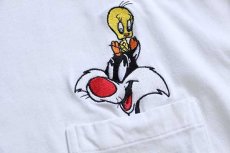 画像4: 90s Warner Bros LOONEY TUNES シルベスター&トゥイーティー刺繍 モックネック コットン ポケット付き 長袖Tシャツ 白 XL (4)