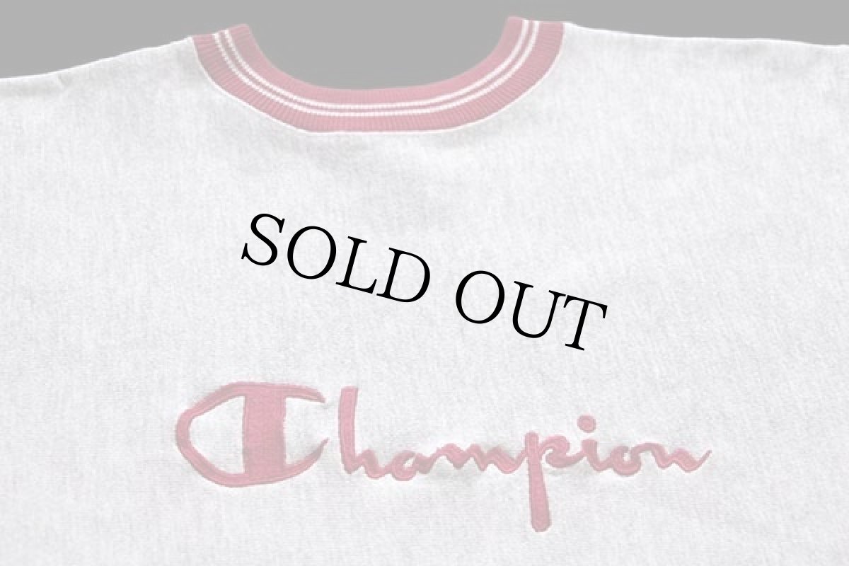 画像3: 90s USA製 Championチャンピオン スクリプト ビッグロゴ刺繍 リブライン リバースウィーブ スウェット 杢グレー×ピンク L (3)