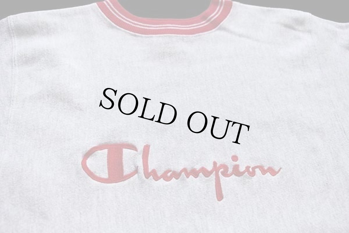 画像3: 90s USA製 Championチャンピオン スクリプト ビッグロゴ刺繍 リブライン リバースウィーブ スウェット 杢グレー×赤 M★69 (3)