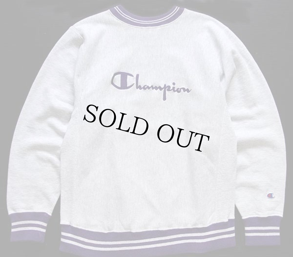 画像1: 90s USA製 Championチャンピオン スクリプト ビッグロゴ刺繍 リブライン リバースウィーブ スウェット 杢グレー×紫 M★80 (1)