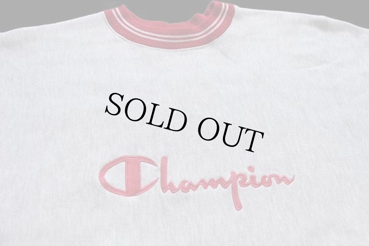 画像3: 90s USA製 Championチャンピオン スクリプト ビッグロゴ刺繍 リブライン リバースウィーブ スウェット 杢グレー×赤★70 (3)