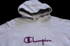 画像3: 90s USA製 Championチャンピオン スクリプト ビッグロゴ刺繍 リブライン リバースウィーブ スウェットパーカー 杢グレー×紫 M (3)