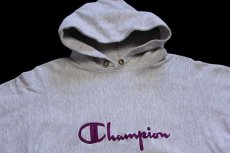 画像3: 90s USA製 Championチャンピオン スクリプト ビッグロゴ刺繍 リブライン リバースウィーブ スウェットパーカー 杢グレー×紫 M (3)