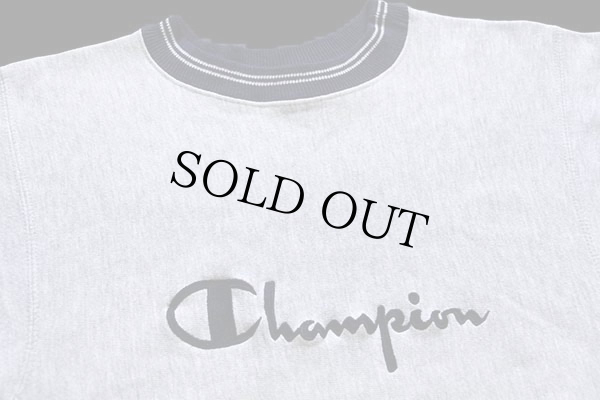 画像3: 90s USA製 Championチャンピオン スクリプト ビッグロゴ刺繍 リブライン リバースウィーブ スウェット 杢グレー×紺 M (3)