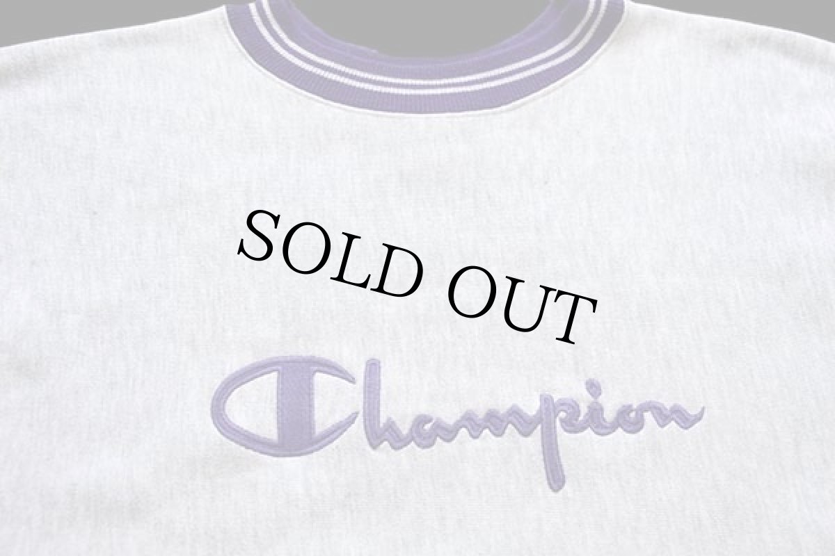 画像3: 90s USA製 Championチャンピオン スクリプト ビッグロゴ刺繍 リブライン リバースウィーブ スウェット 杢グレー×紫 L (3)