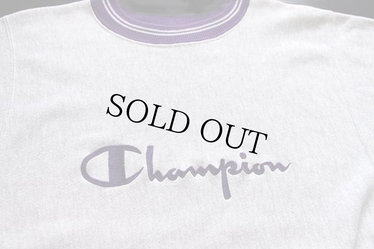 画像3: 90s USA製 Championチャンピオン スクリプト ビッグロゴ刺繍 リブライン リバースウィーブ スウェット 杢グレー×紫 M★79 (3)