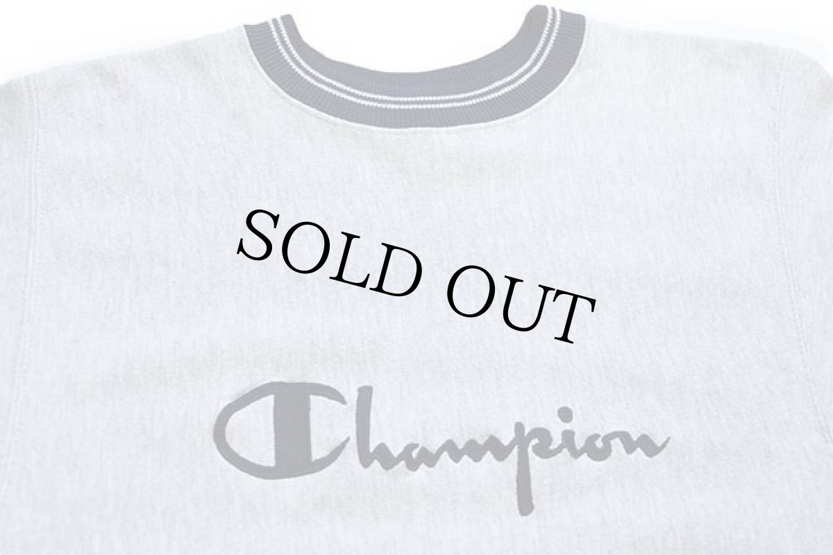 画像3: 90s USA製 Championチャンピオン スクリプト ビッグロゴ刺繍 リブライン リバースウィーブ スウェット 杢グレー×紺 M (3)