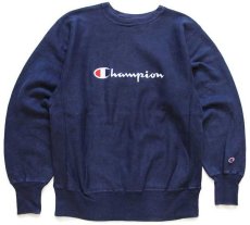 画像1: 90s USA製 Championチャンピオン スクリプト ビッグロゴ刺繍 リバースウィーブ スウェット 紺 L★54 (1)