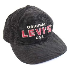 画像1: デッドストック★90s Levi'sリーバイス ロゴ刺繍 コットン 太畝 コーデュロイキャップ 黒 (1)