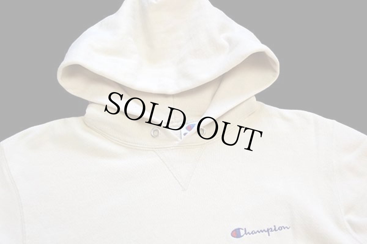画像3: 90s USA製 Championチャンピオン ワンポイント スクリプト ロゴ刺繍 前V スウェットパーカー アイボリー M (3)