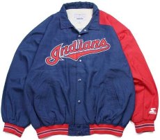 画像1: 90s STARTERスターター MLB CLEVELAND Indians ツートン アシンメトリー ナイロンスタジャン 紺×赤 XL (1)