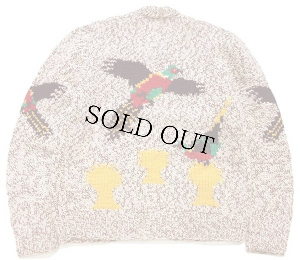 画像2: 60s バード柄 スタンドカラー ウール ハンドニット カウチンセーター (2)